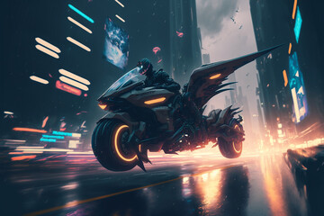  Colorful surreal futuristic flying motorcycle in a night city. Generative AI. Flying motorcycle of the future. The most beautiful flying bike.