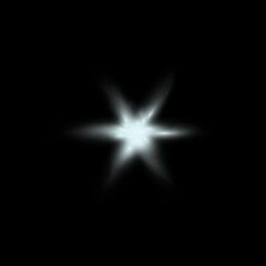 Transparent bright star isolated on black background. Sparkling realistic white, light effect. Glitter or sparkle. Glowing flashing shine. Flickering glare, flare. Vector illustration.