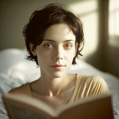 Young woman reading a book in bed with sunlight made
with Generative Al