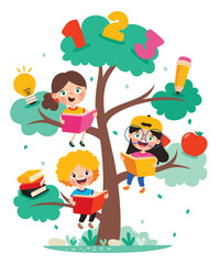 Obraz na płótnie Canvas Education Tree With Cartoon Kids