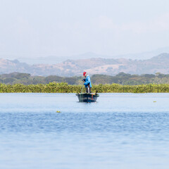 Naklejka premium Fisherman in the Olomega lagoon in San Miguel, El Salvador