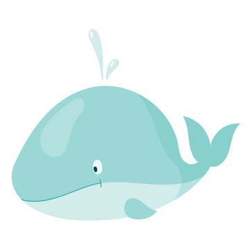 Cheerful cartoon blue whale, vector isolated illustration.