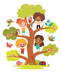 Obraz na płótnie Canvas Cartoon Children Playing At Tree
