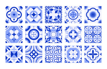 Portugal tiles. Mediterranean mosaic navy blue ornament, traditional floral decorative ceramic for interior, square patchwork decor. Vector isolated of ceramic portugal ornament pattern illustration