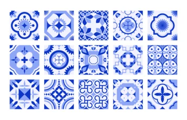 Foto auf Acrylglas Portugal tiles. Mediterranean mosaic navy blue ornament, traditional floral decorative ceramic for interior, square patchwork decor. Vector isolated of ceramic portugal ornament pattern illustration © Frogella.stock