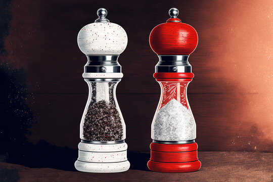 Red and white salt and pepper mills on a backdrop. Generative AI