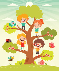 Obraz na płótnie Canvas Cartoon Children Playing At Tree