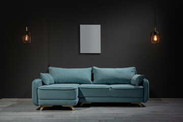 Mint corner sofa with lamps and blank picture, loft style
