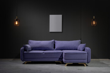 Purple corner sofa with lamps and blank picture, loft style