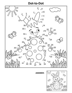 Easter dot-to-dot picture puzzle and coloring page with bunny and painted egg. Answer included.
