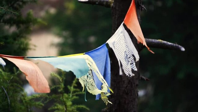 slow motion sacred religious multicolored prayer flags old and tattered torn moving in the wind showing a bhuddist prayer incantation common in hill stations in Himachal Pradesh India