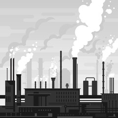 Industrial plant landscape flat style, factory buildings silhouette in gray colors, smoking pipes, environmental pollution, smog and fog in sky, ecology concept, depressing atmosphere