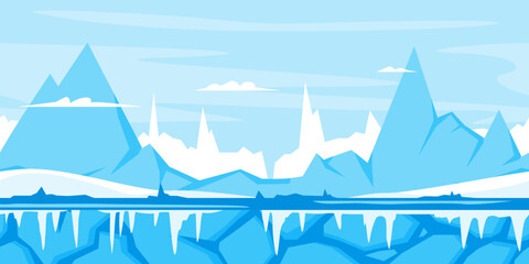 Blue mountains with snow and ice, nature game background landscape, tileable horizontally, sharp peaks, ground with icicles