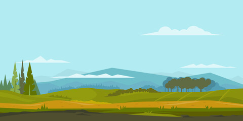 Nature landscape with green hills and mountains, trees and spruces, ground with grass, sample geometric shapes, game background, panorama