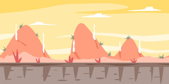 Red caroon hills game background landscape, tileable horizontally, cracked ground with grass, fantastic desert