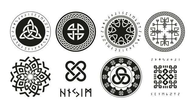 Norse runic logo. Scandinavian pagan esoteric religion symbols, viking protection rune triquetra yggdrasil vegvisir futhark valknut icons. Vector nordic set of esoteric ancient and gothic illustration