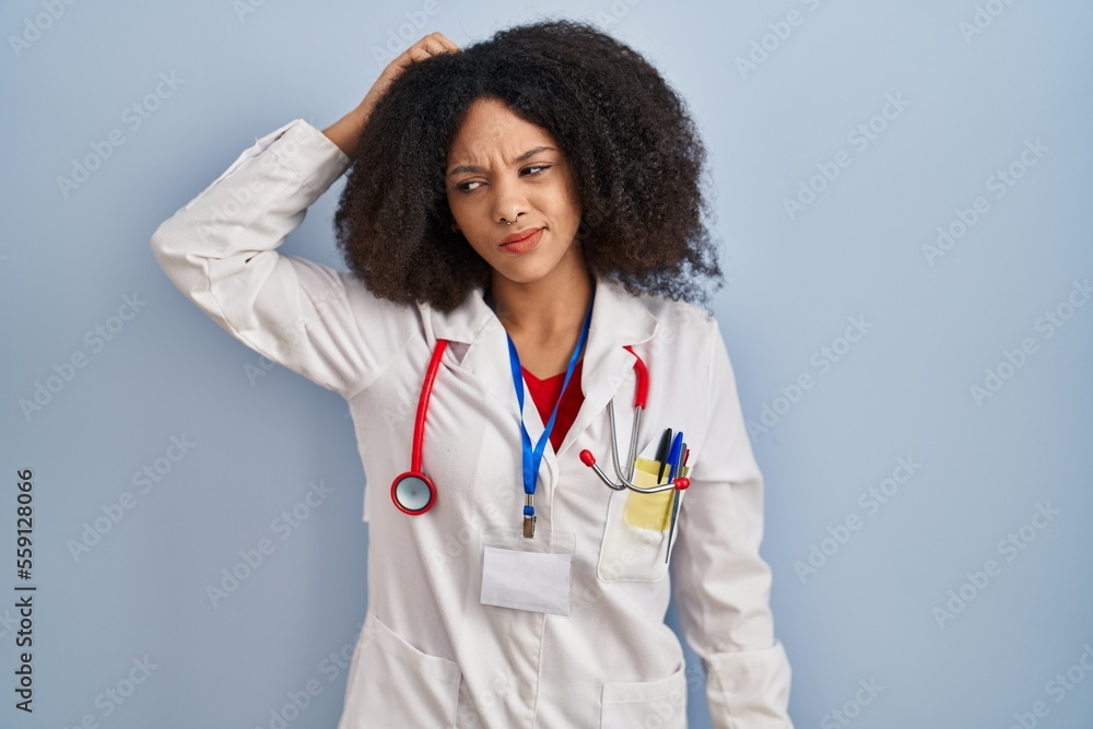 Poster young african american woman wearing doctor uniform and stethoscope confuse and wondering about ques