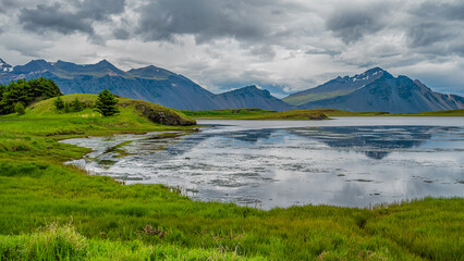 Panoramic over wonderful dramatic view of Icelandic landscape on South Eastern Iceland, near Hofn