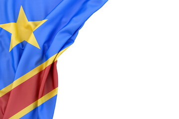 Flag of Democratic Republic of the Congo in the corner on white background. Isolated. 3D illustration