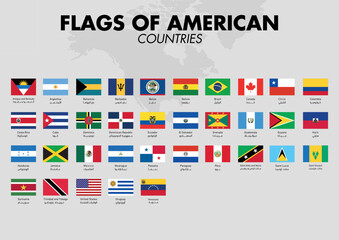 American countries Flags with country names and a map on a gray background. Vector illustration.