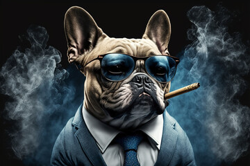 French bulldog in business suit smoking cigar. Generative AI.