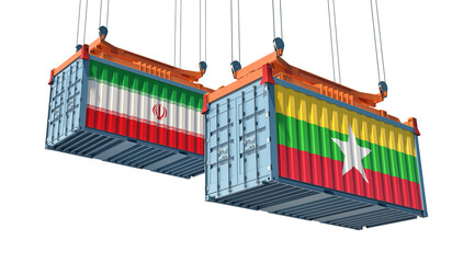 Cargo containers with Myanmar and Iran national flags. 3D Rendering 