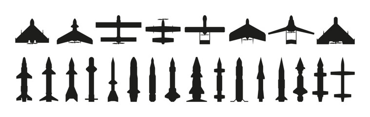 Missiles silhouette. Military guided aircraft weapon with warheads, black army munition, flying explosive missilery flat style. Vector collection of missile silhouette, rocket technology illustration - obrazy, fototapety, plakaty