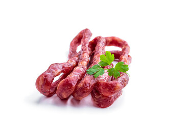 Dry cured Kabanos sausage isolated on white