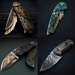 Folding knives beautiful rare extreme design cutting engraving edge colored handle neural network generated image 
