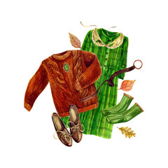 Vintage look with a green dress and matching jewelry. Watercolor illustration.