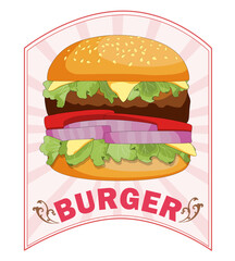 Burger ordered on the fast food menu. Hamburger with cutlet, tomatoes and onion. Logo icon vector illustration design.