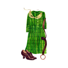 Vintage look with a green dress and collar. 
 Watercolor illustration.