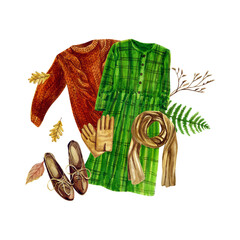 Vintage autumn look. A set of clothes with a green dress and gloves. Watercolor illustration.