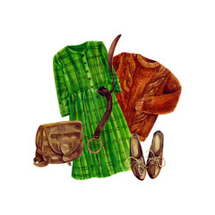 Vintage look. A set of clothes with a green dress and a warm knitted sweater. Watercolor illustration.