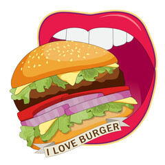 Woman open mouth eating burger ordered on the fast food menu. Hamburger with cutlet, tomatoes and onion. Logo icon vector illustration design.