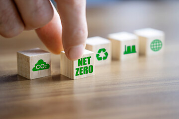 Net zero 2050 concept with wooden blocks.