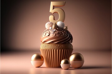 5th birthday cupcake with a candle and golden balloon. birthday cake. 3d. Generative AI - obrazy, fototapety, plakaty