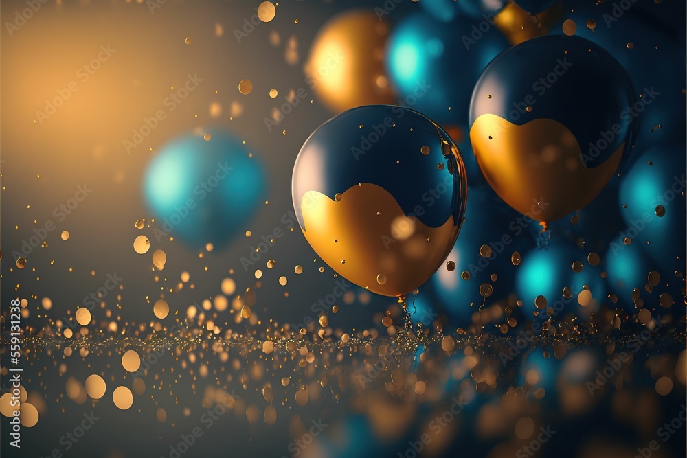 Poster realistic festive background with golden and blue balloons falling confetti blurry background and bo