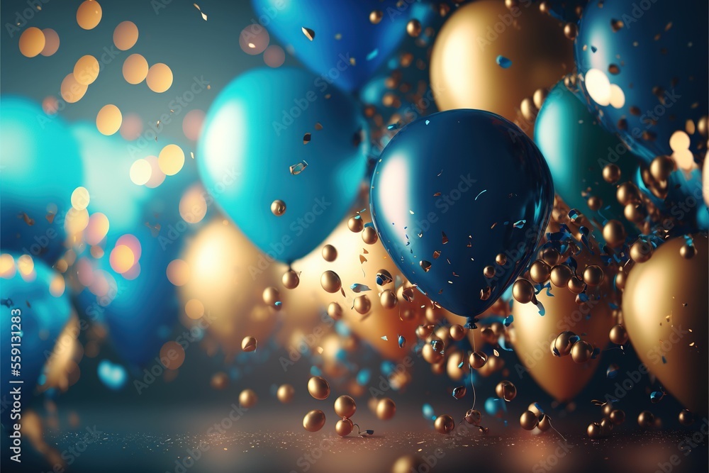 Poster realistic festive background with golden and blue balloons falling confetti blurry background and bo