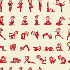 Santa Claus doing yoga asanas Christmas seamless pattern