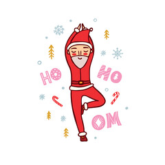 Santa Claus practicing yoga and text Ho Ho Om color card