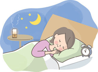 ベットでぐっすり眠る中年女性のイラスト素材