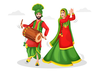 Happy Lohri festival of Punjab India celebration concept background. vector illustration of a couple playing Lohri dance. Illustrations of excited happy people celebrating the Lohri. Punjabi couple.