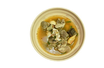boiled hot and spicy soup with pork entrails on bowl 