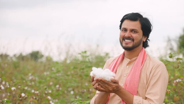 happy smiling turning by holding cotton while looking cameraat cotton field - conept of crop cultivation, Agriculture and rural india