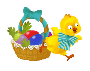 happy easter chicken with basket full of eggs