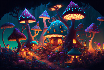 Magic of Fairy Houses Fantastic Forest, Glowing Mushrooms,mythical, imaginary, enchanting, magical, dreamscape, wonderland, narnia, fairy tale, mythical creatures, mythical beings, mythical world,