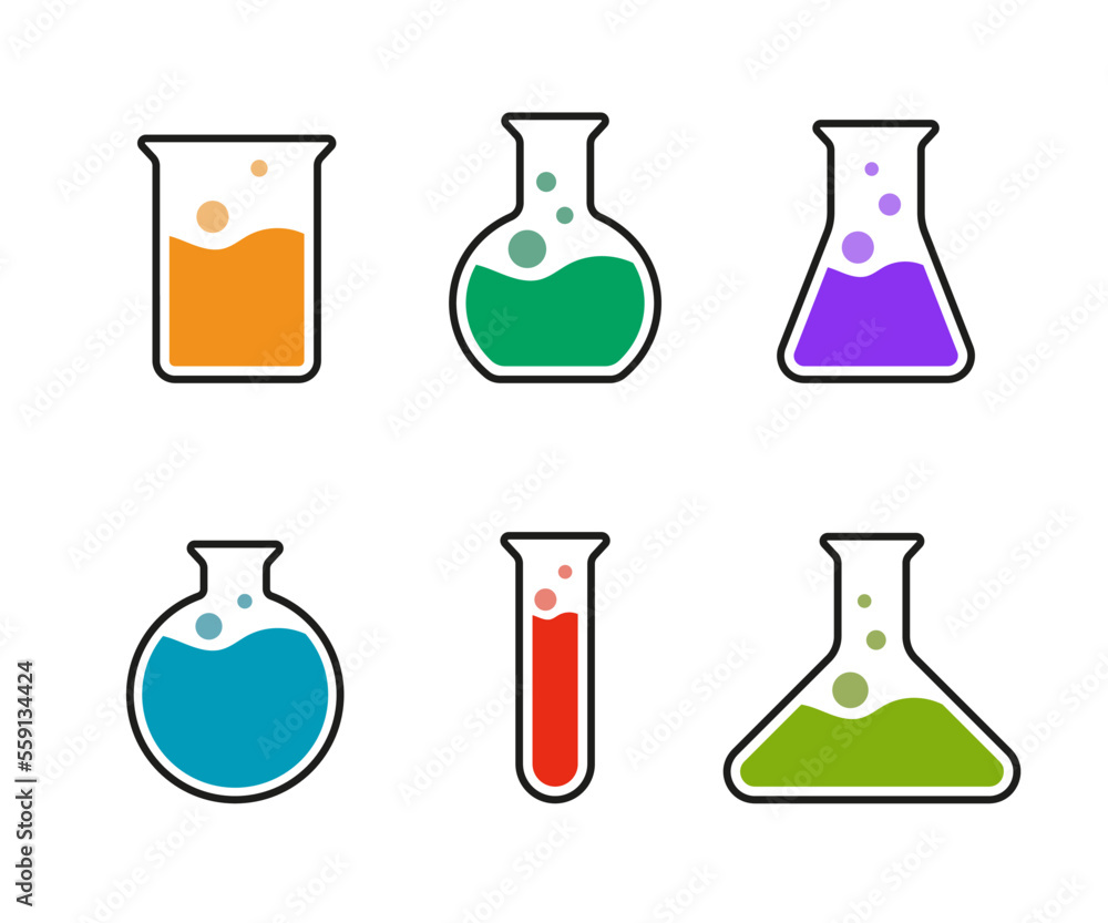 Wall mural chemistry flasks with colorful solutions. vector science icons.