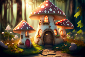 Fototapeta premium Discover the Magic of Fairy Houses Nestled in a Fantastic Forest, Illuminated by Glowing Mushrooms - A Enchanted World of Myth and Legend Awaits