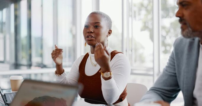 Business, black woman and leader talking to team, staff and creative brainstorming. African American female, leadership and group project for advertising, training for new campaign and collaboration.